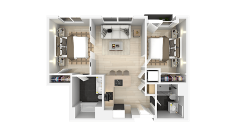 Floor plan for 2 beds, 2 baths, 801 sqft